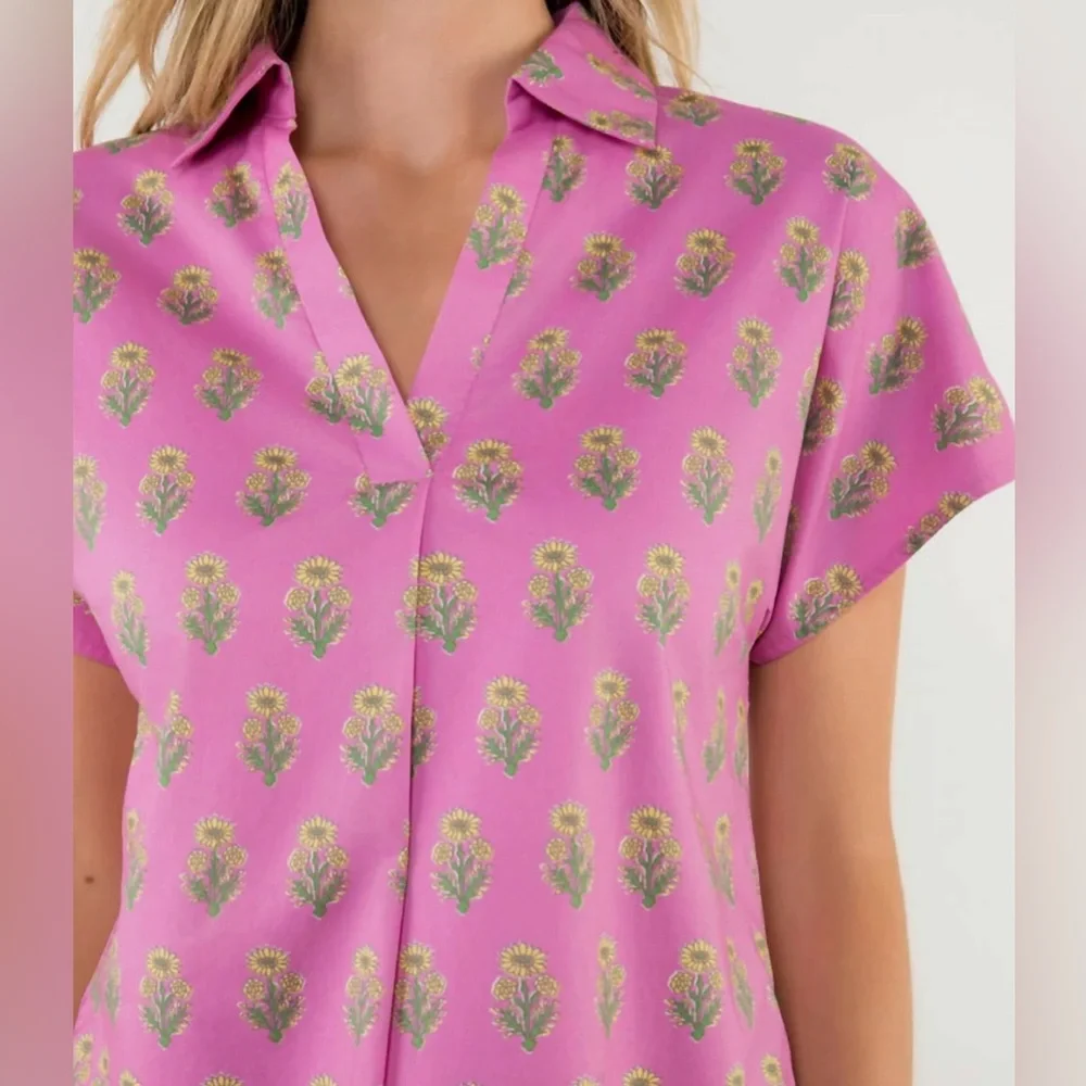 THML short-sleeve collared dress in a vibrant pink and yellow floral